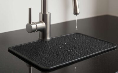 rubber mat around kitchen faucet for splash-free countertops and easier cleanup.