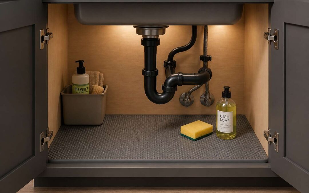 A rubber mat under sink catches leaks and protects cabinets.